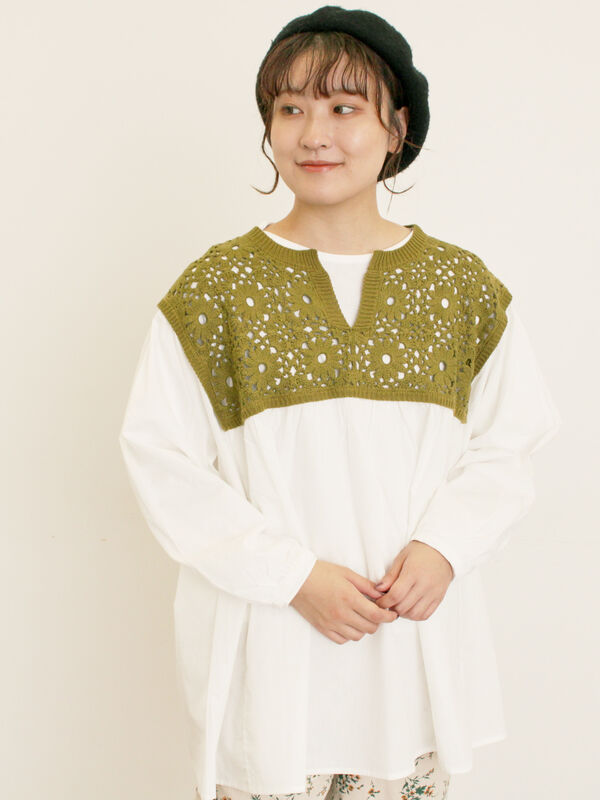 花柄ニット+布帛切替チュニック(カーキ)|Samansa Mos2(サマンサ モスモス)通販