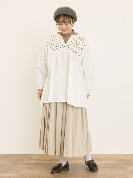 花柄ニット+布帛切替チュニック(ブラック/オレンジ/モカ/カーキ/キナリ)|Samansa Mos2(サマンサ モスモス)通販