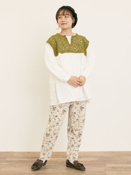 花柄ニット+布帛切替チュニック(ブラック/オレンジ/モカ/カーキ/キナリ)|Samansa Mos2(サマンサ モスモス)通販