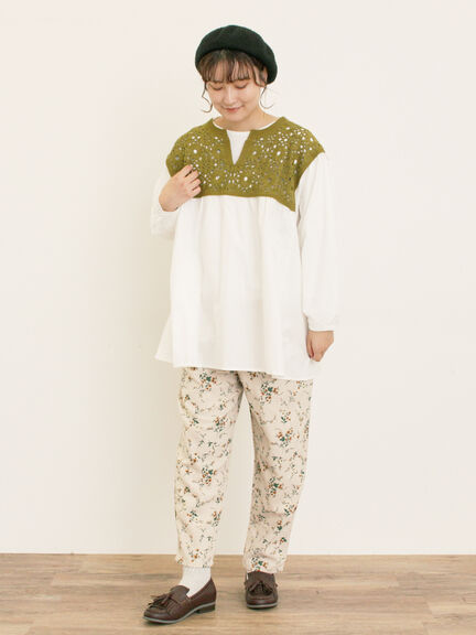 花柄ニット+布帛切替チュニック(ブラック/オレンジ/モカ/カーキ/キナリ)|Samansa Mos2(サマンサ モスモス)通販