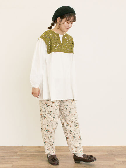 花柄ニット+布帛切替チュニック(ブラック/オレンジ/モカ/カーキ/キナリ)|Samansa Mos2(サマンサ モスモス)通販