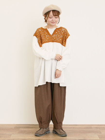 花柄ニット+布帛切替チュニック(ブラック/オレンジ/モカ/カーキ/キナリ)|Samansa Mos2(サマンサ モスモス)通販