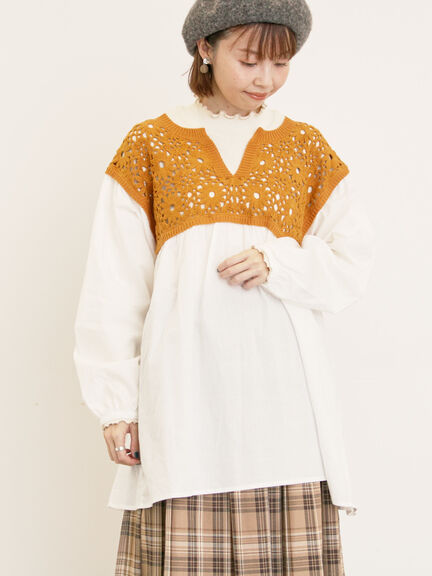 花柄ニット+布帛切替チュニック(ブラック/オレンジ/モカ/カーキ/キナリ)|Samansa Mos2(サマンサ モスモス)通販
