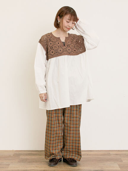 花柄ニット+布帛切替チュニック(ブラック/オレンジ/モカ/カーキ/キナリ)|Samansa Mos2(サマンサ モスモス)通販