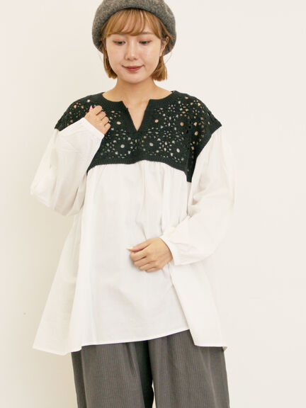 花柄ニット+布帛切替チュニック(ブラック/オレンジ/モカ/カーキ/キナリ)|Samansa Mos2(サマンサ モスモス)通販