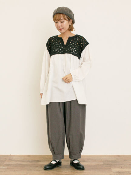 花柄ニット+布帛切替チュニック(ブラック/オレンジ/モカ/カーキ/キナリ)|Samansa Mos2(サマンサ モスモス)通販