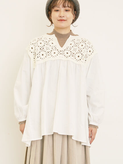 花柄ニット+布帛切替チュニック(ブラック/オレンジ/モカ/カーキ/キナリ)|Samansa Mos2(サマンサ モスモス)通販