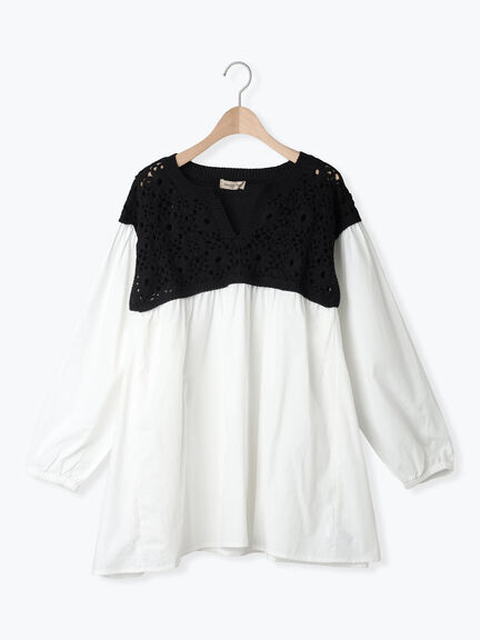 花柄ニット+布帛切替チュニック(ブラック/オレンジ/モカ/カーキ/キナリ)|Samansa Mos2(サマンサ モスモス)通販