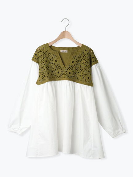 花柄ニット+布帛切替チュニック(ブラック/オレンジ/モカ/カーキ/キナリ)|Samansa Mos2(サマンサ モスモス)通販