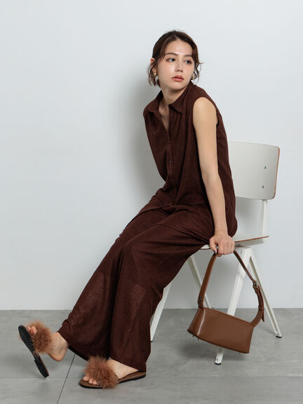 クレープメッシュストレートパンツ(セットアップ可)(ブラック/ブラウン)|Te chichi(テチチ)通販