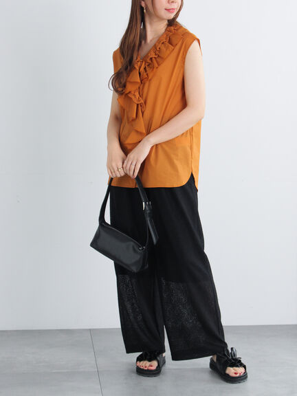 クレープメッシュストレートパンツ(セットアップ可)(ブラック/ブラウン)|Te chichi(テチチ)通販