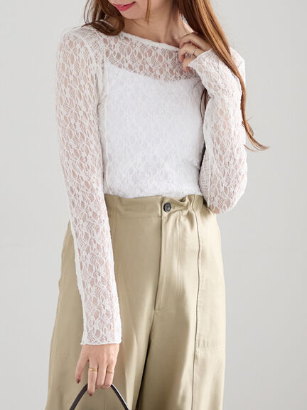 パッチワークレースクルーネックTOPS《2025Autumn catalog vol.2 item》(オフホワイト/チャコールグレー)|Te chichi(テチチ)通販
