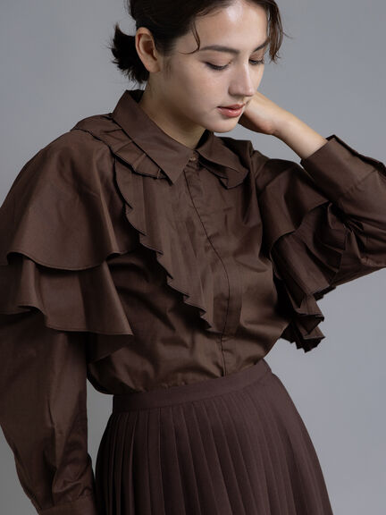 【Atelier plier】アシメプリーツフレアシャツブラウス《2025Autumn catalog item》(ブラウン)|Te chichi(テチチ)通販