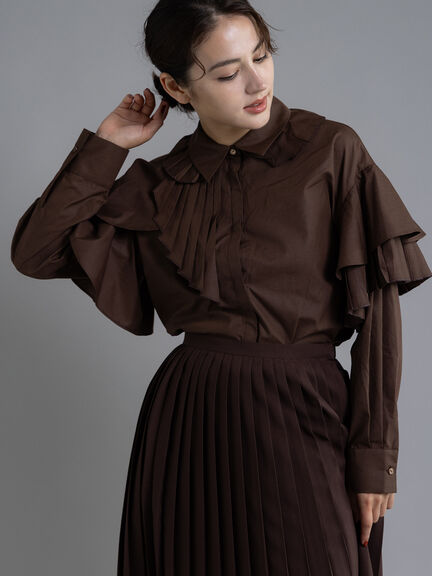 【Atelier plier】アシメプリーツフレアシャツブラウス《2025Autumn catalog item》(ブラウン)|Te chichi(テチチ)通販