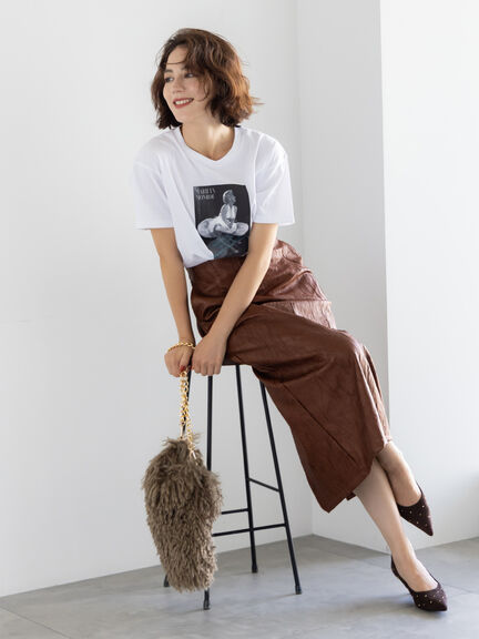 クラックレザーライクナロースカート(ブラック/ブラウン)|Te chichi(テチチ)通販