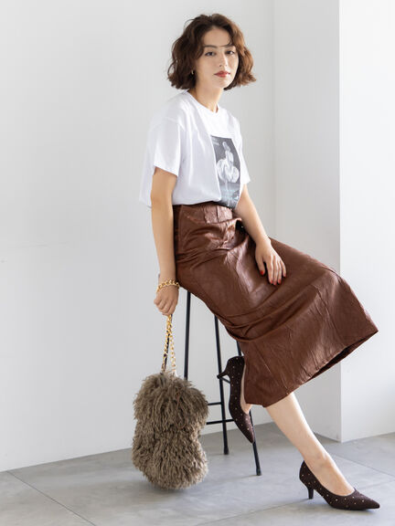 クラックレザーライクナロースカート(ブラック/ブラウン)|Te chichi(テチチ)通販