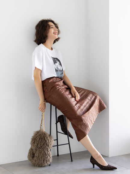 クラックレザーライクナロースカート(ブラック/ブラウン)|Te chichi(テチチ)通販