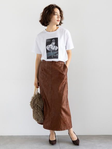 クラックレザーライクナロースカート(ブラック/ブラウン)|Te chichi(テチチ)通販