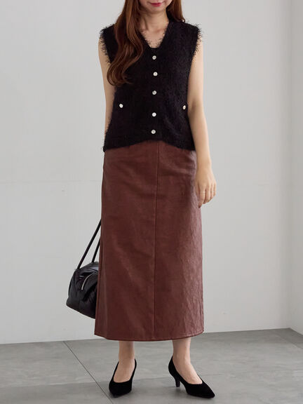 クラックレザーライクナロースカート(ブラック/ブラウン)|Te chichi(テチチ)通販