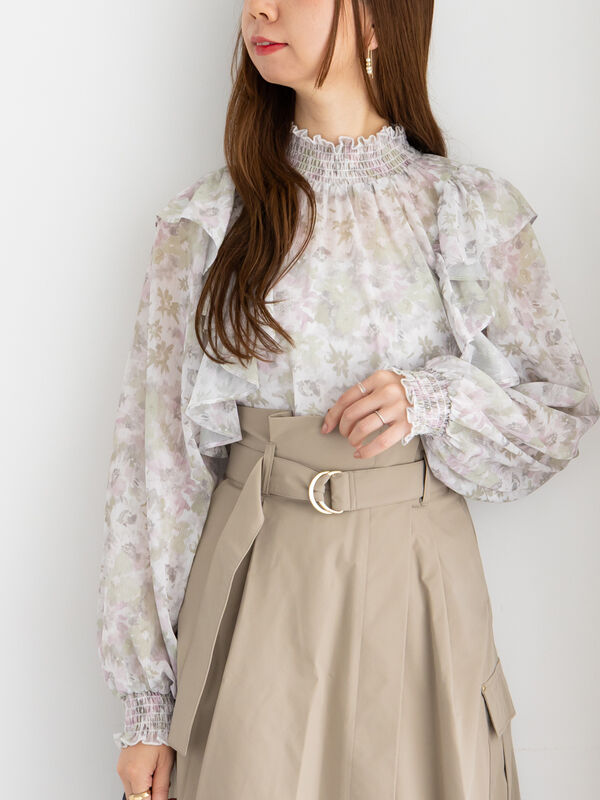 フラワーパターンシアーフリルブラウス(カーキ)|Te chichi(テチチ)通販