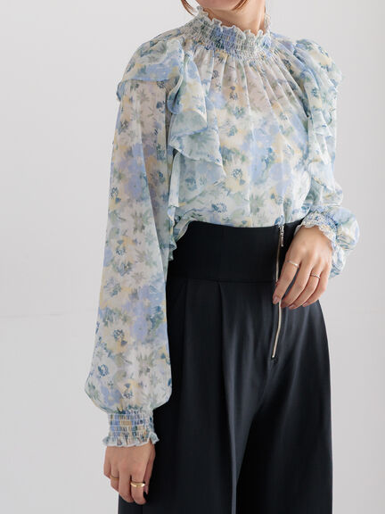 フラワーパターンシアーフリルブラウス(カーキ/ブルー)|Te chichi(テチチ)通販