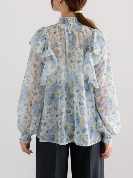 フラワーパターンシアーフリルブラウス(カーキ/ブルー)|Te chichi(テチチ)通販