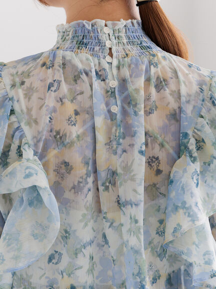 フラワーパターンシアーフリルブラウス(カーキ/ブルー)|Te chichi(テチチ)通販