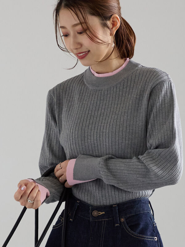 配色レイヤードリブニットプルオーバー(グレー)|Te chichi(テチチ)通販