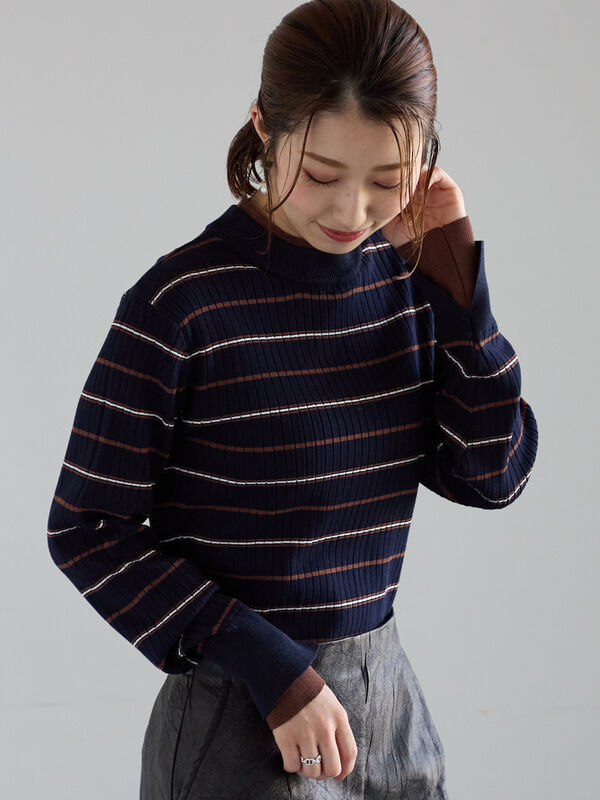 配色レイヤードリブニットプルオーバー(ネイビー)|Te chichi(テチチ)通販