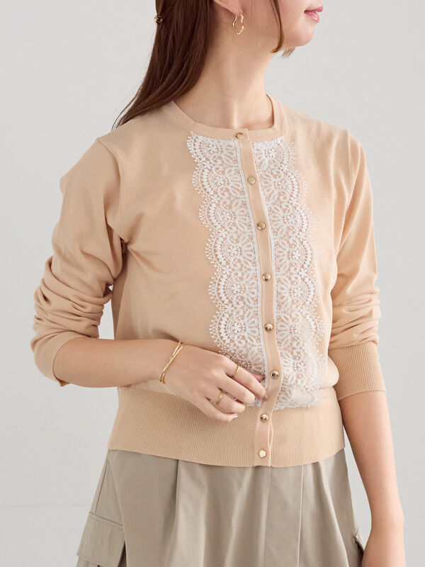 フロントレースクルーネックカーディガン(グレー/ブラック/ベージュ)|Te chichi(テチチ)通販