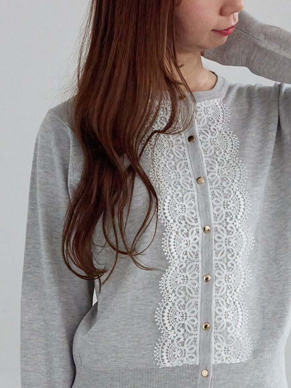 フロントレースクルーネックカーディガン(グレー)|Te chichi(テチチ)通販