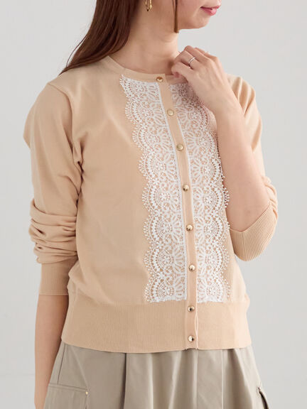 フロントレースクルーネックカーディガン(グレー/ブラック/ベージュ)|Te chichi(テチチ)通販