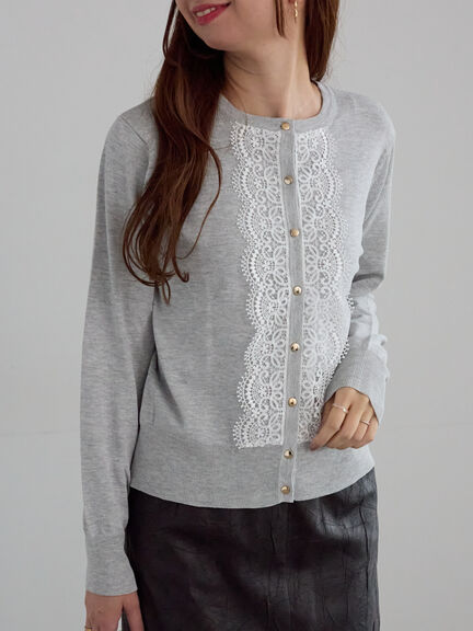 フロントレースクルーネックカーディガン(グレー/ブラック/ベージュ)|Te chichi(テチチ)通販