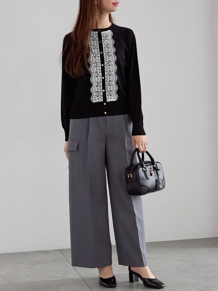 フロントレースクルーネックカーディガン(グレー/ブラック/ベージュ)|Te chichi(テチチ)通販