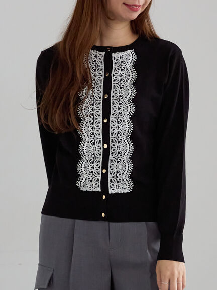 フロントレースクルーネックカーディガン(グレー/ブラック/ベージュ)|Te chichi(テチチ)通販