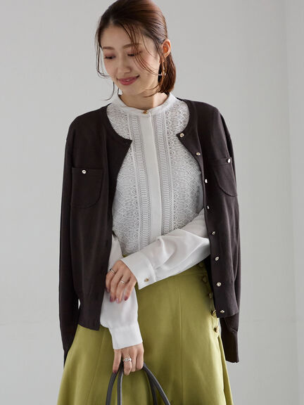 ポケットデザインクルーネックカーディガン(チャコールグレー/ブラック/ピンク/ブルー)|Te chichi(テチチ)通販