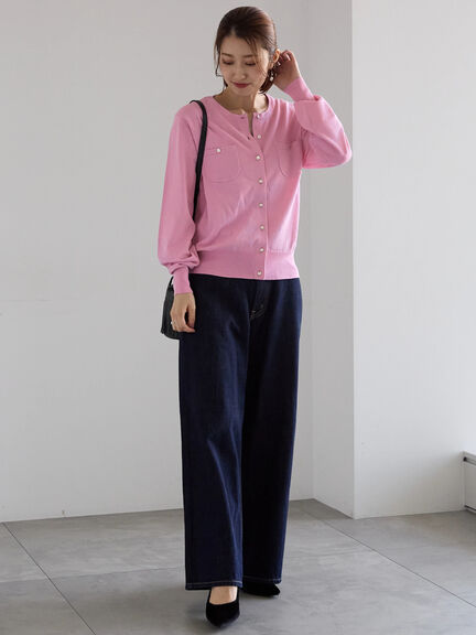 ポケットデザインクルーネックカーディガン(チャコールグレー/ブラック/ピンク/ブルー)|Te chichi(テチチ)通販