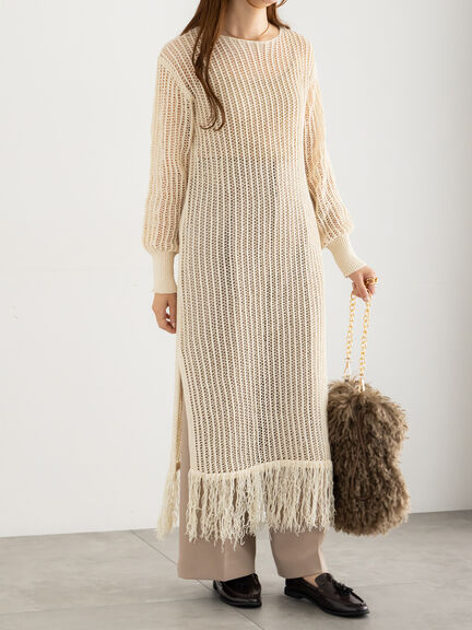 フリンジメッシュニットワンピース《2025Autumn catalog vol.2 item》(オフホワイト/モカ)|Te chichi(テチチ)通販