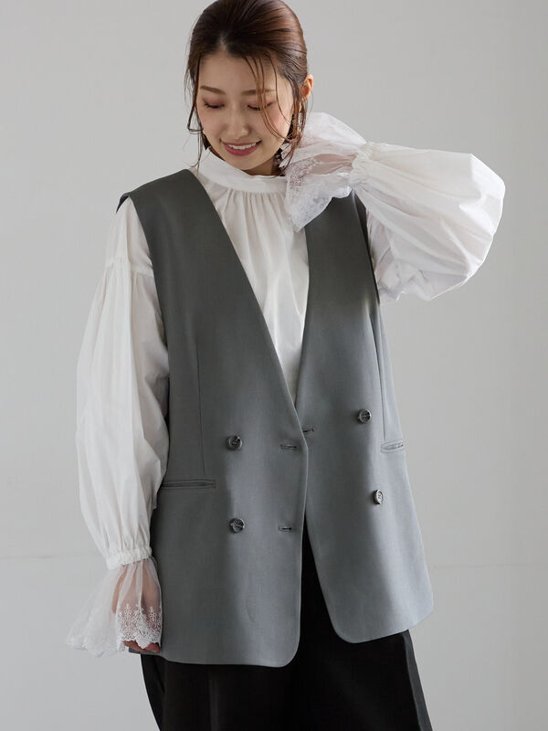 ノーカラーダブルブレストジレ(グレー/ブラウン)|Te chichi(テチチ)通販