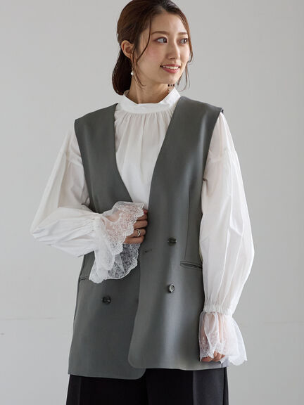 ノーカラーダブルブレストジレ(グレー/ブラウン)|Te chichi(テチチ)通販