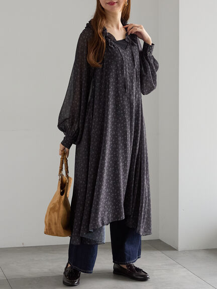 フラワーシフォンフリルネックドレス(ブラック/ベージュ)|Te chichi(テチチ)通販