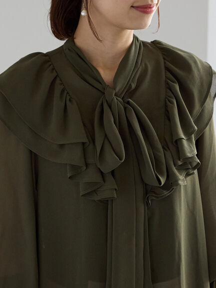 ボウタイチュニックフリルブラウス《2025Autumn catalog vol.2 item》(ピンク/カーキ)|Te chichi(テチチ)通販