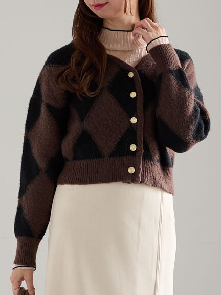 アーガイルジャガードVネックカーディガン(オフホワイト/ブラウン)|Te chichi(テチチ)通販