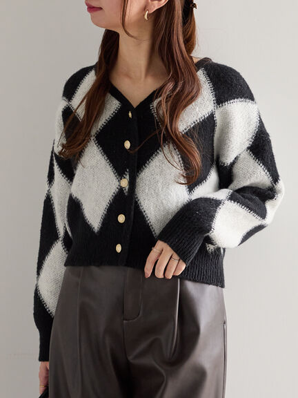 アーガイルジャガードVネックカーディガン(オフホワイト/ブラウン)|Te chichi(テチチ)通販