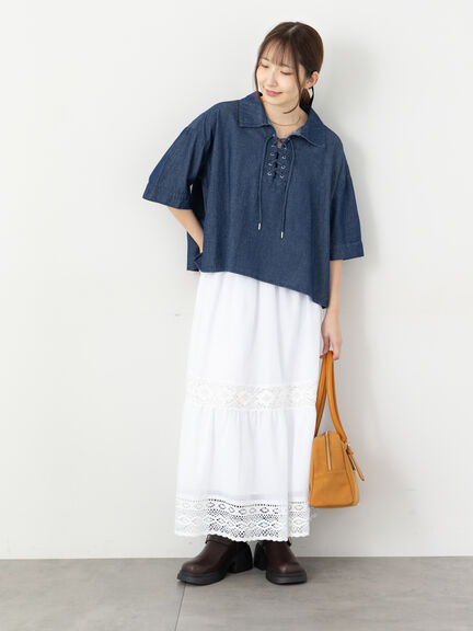 デニムレースアップシャツ《2025autumn catalog item》(ブルー/ネイビー)|Te chichi TERRASSE(テチチ テラス)通販