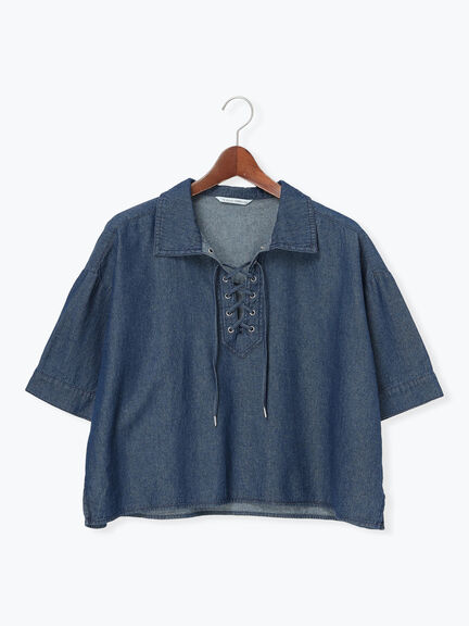 デニムレースアップシャツ《2025autumn catalog item》(ブルー/ネイビー)|Te chichi TERRASSE(テチチ テラス)通販