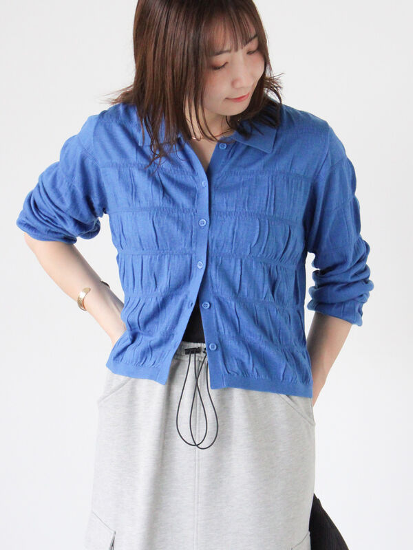 シャーリング衿付きカーディガン《2025autumn catalog item》(グレー/ブラック/ブルー)|Te chichi TERRASSE(テチチ テラス)通販