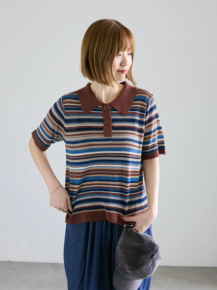 マルチボーダーポロニット《2025autumn catalog item》(ベージュ/ネイビー/パープル)|Lugnoncure(ルノンキュール)通販