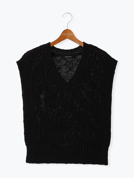 スラブヤーンVネックニットベスト(ブラック/ブラウン/キナリ)|Lugnoncure(ルノンキュール)通販