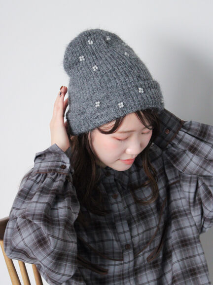 ビジュー付きニットキャップ(グレー/ブラック/キナリ)|ehka sopo(エヘカソポ)通販